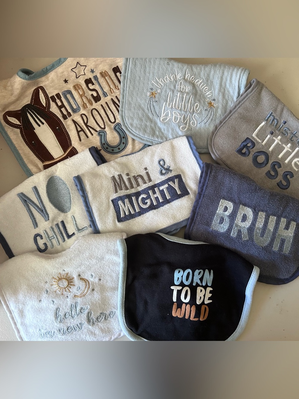 Baby Boys Assorted Blue Bib Set — Mini & Mighty / Born to Be Wild